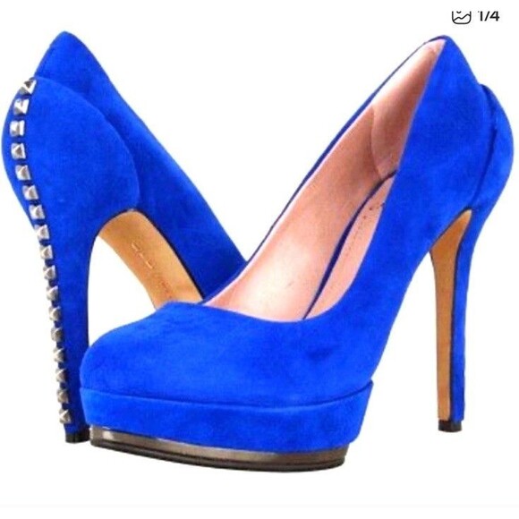 Vince Camuto Deba Studs Platform Pumps hi Heels Leather Suede Blue Sz 6 Stiletto - Picture 1 of 13